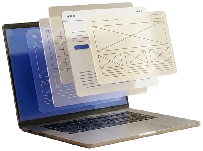 Illustration eines aufgeklappten Laptops, aus dessen Bildschirm mehrere Wireframe-Entwürfe einer Website herausschweben