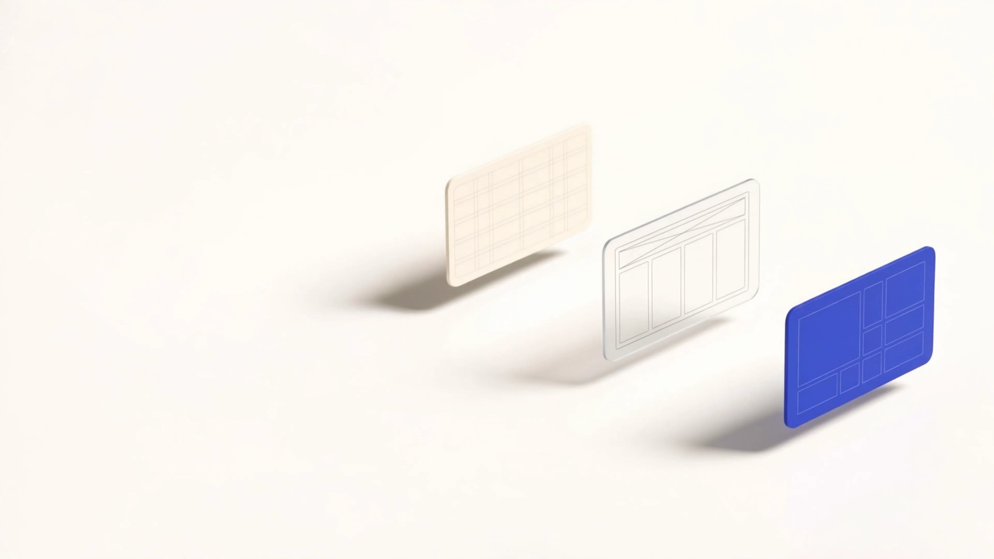 Drei transparente Website-Layout-Karten, die sich beim Scrollen zu einer fertigen, kobaltblauen Website zusammenfügen