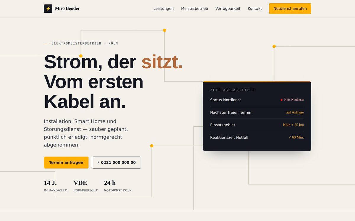 Startseite der Website eines Elektrohandwerksbetriebs aus Köln
