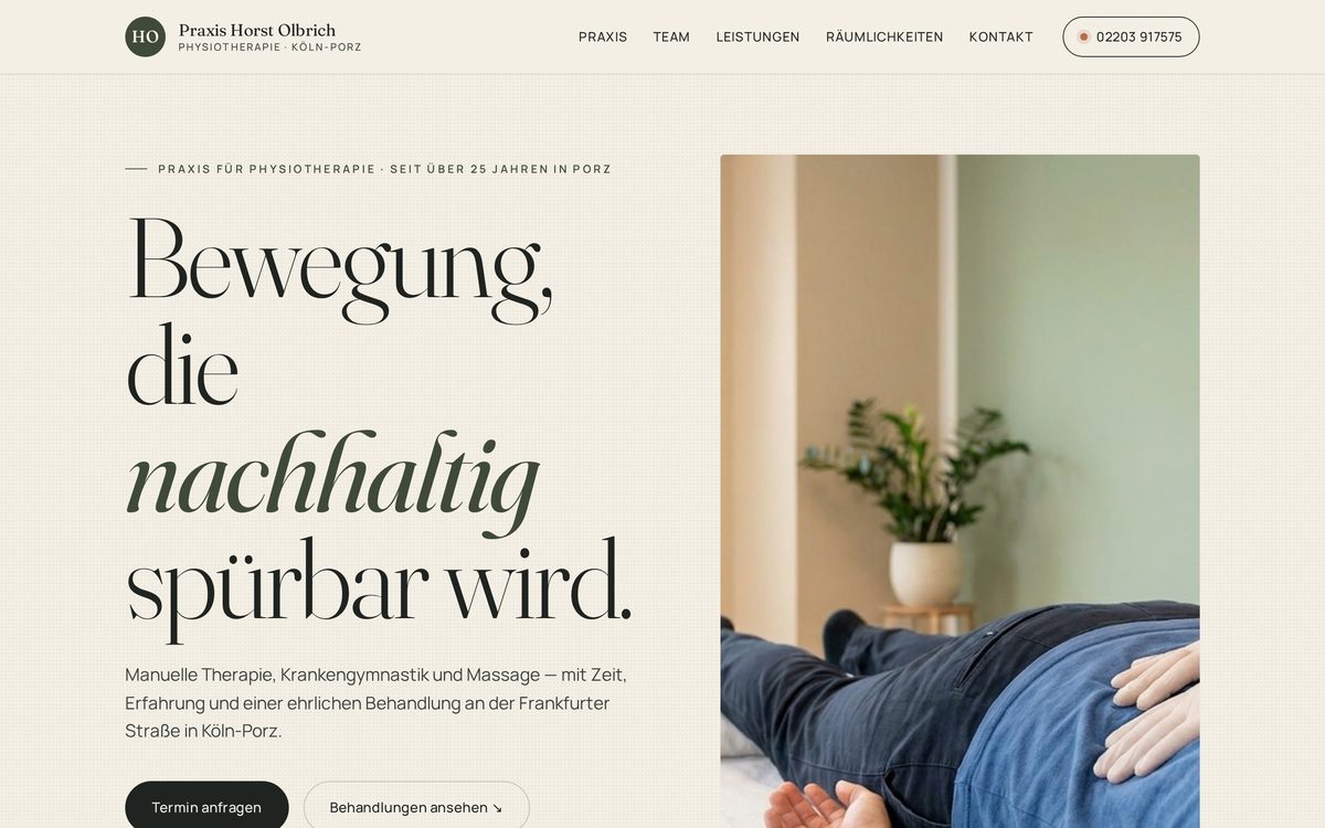 Startseite der Website einer Physiotherapie-Praxis in Köln-Porz